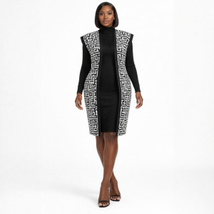 Black Sleeveless Midi Dress with Geometric Pattern Overlay